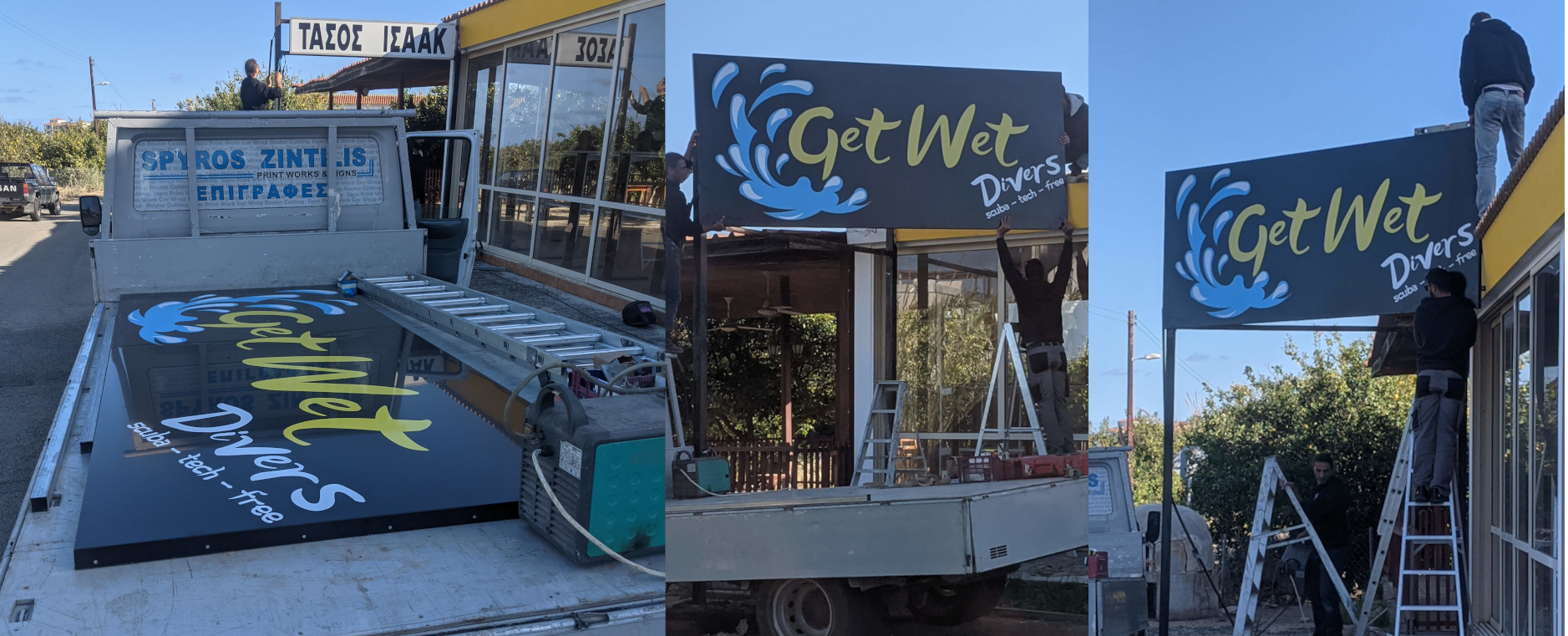 Official Get Wet Divers shop front sign installed